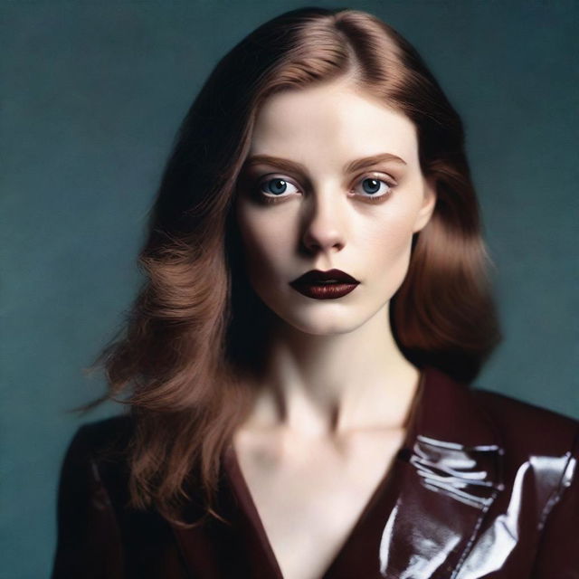 A super-photorealistic portrait of a model with pale skin, brown hair, dazzling eyes and a femme fatale look