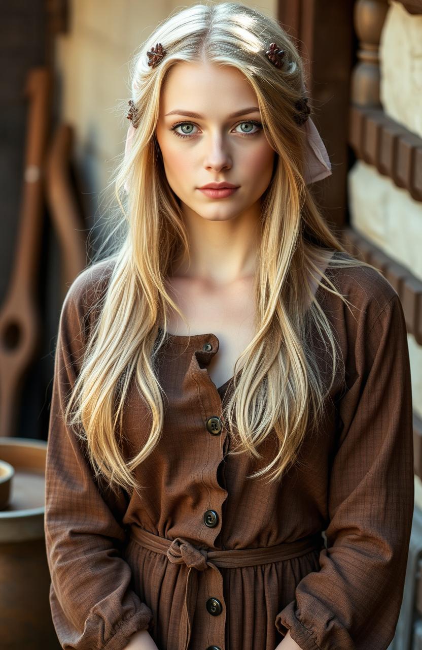 A beautiful white woman with long blonde hair and striking green eyes, wearing an old, modest, and tattered brown dress that signifies her modesty and dignity