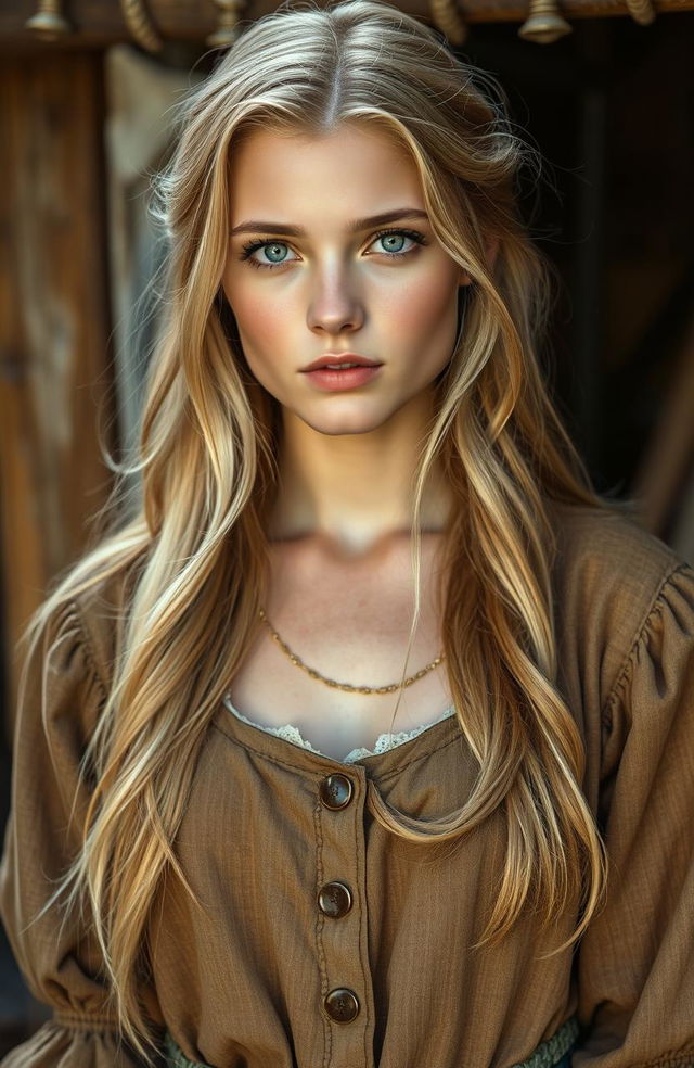 A beautiful white woman with long blonde hair and striking green eyes, wearing an old, modest, and tattered brown dress that signifies her modesty and dignity