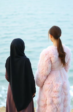 Two girls standing together facing the sea, viewed from behind