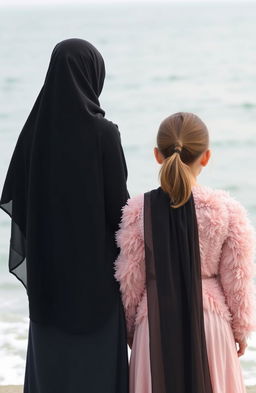 Two girls standing together facing the sea, viewed from behind