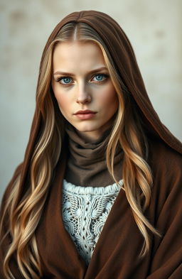 A beautiful white woman with long blonde hair and captivating green eyes, dressed in an old, modest, and humble outfit that covers her neck and chest, symbolizing her modesty