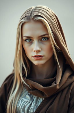 A beautiful white woman with long blonde hair and captivating green eyes, dressed in an old, modest, and humble outfit that covers her neck and chest, symbolizing her modesty