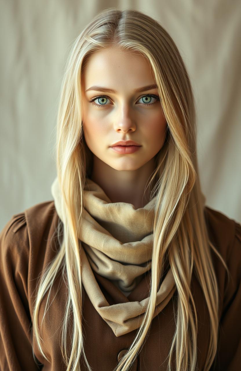 A beautiful white woman with long blonde hair and captivating green eyes, dressed in an old, modest, and humble outfit that covers her neck and chest, symbolizing her modesty