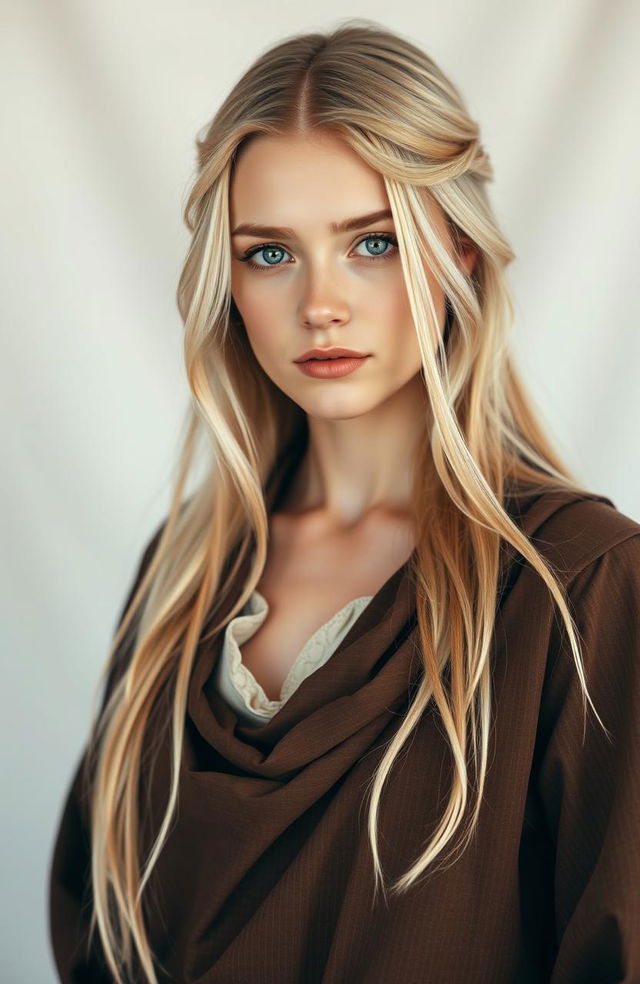 A beautiful white woman with long blonde hair and captivating green eyes, dressed in an old, modest, and humble outfit that covers her neck and chest, symbolizing her modesty