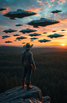 A rugged cowboy standing on a rocky cliff, overlooking a sprawling forest filled with dense trees