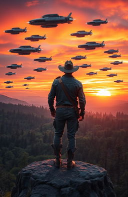 A rugged cowboy standing on a rocky cliff, overlooking a sprawling forest filled with dense trees
