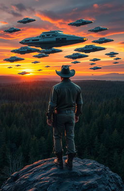 A rugged cowboy standing on a rocky cliff, overlooking a sprawling forest filled with dense trees