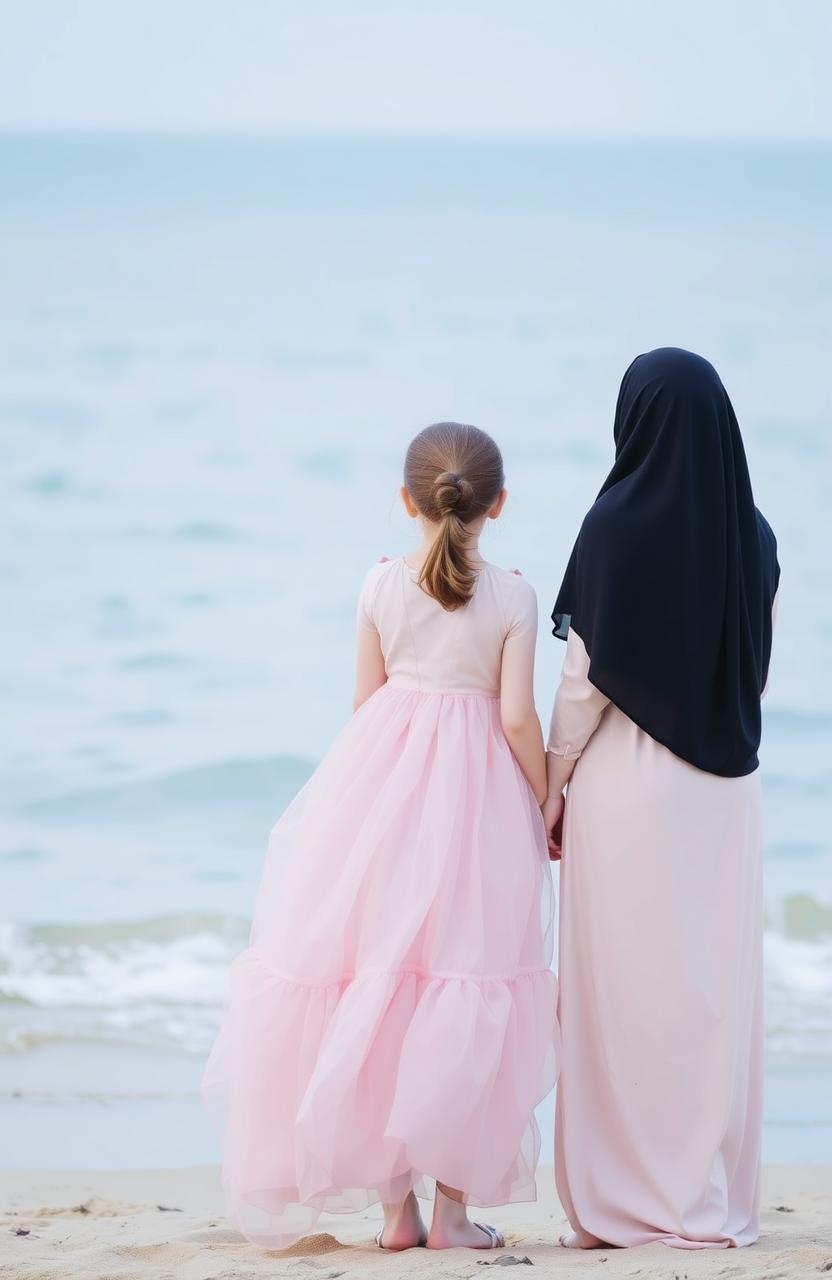 Two girls standing on a beach facing the sea, their backs to us