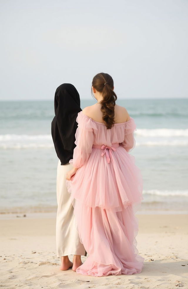 Two girls standing on a beach facing the sea, their backs to us