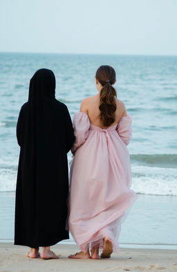 Two girls standing on a beach facing the sea, their backs to us