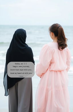 Two girls standing on a beach facing the sea, their backs to us