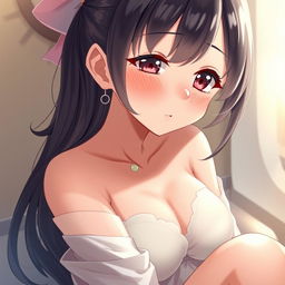 A beautifully illustrated anime girl with small breasts, positioned gracefully, showcasing glistening sticky milk on her skin