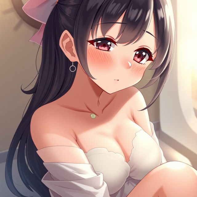 A beautifully illustrated anime girl with small breasts, positioned gracefully, showcasing glistening sticky milk on her skin