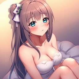A beautifully illustrated anime girl with small breasts, positioned gracefully, showcasing glistening sticky milk on her skin
