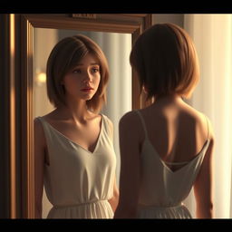 A 3D rendering of a woman standing in front of a mirror, looking at her reflection with a deep sense of sadness