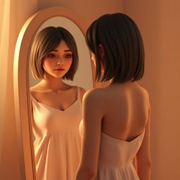 A 3D rendering of a woman standing in front of a mirror, looking at her reflection with a deep sense of sadness