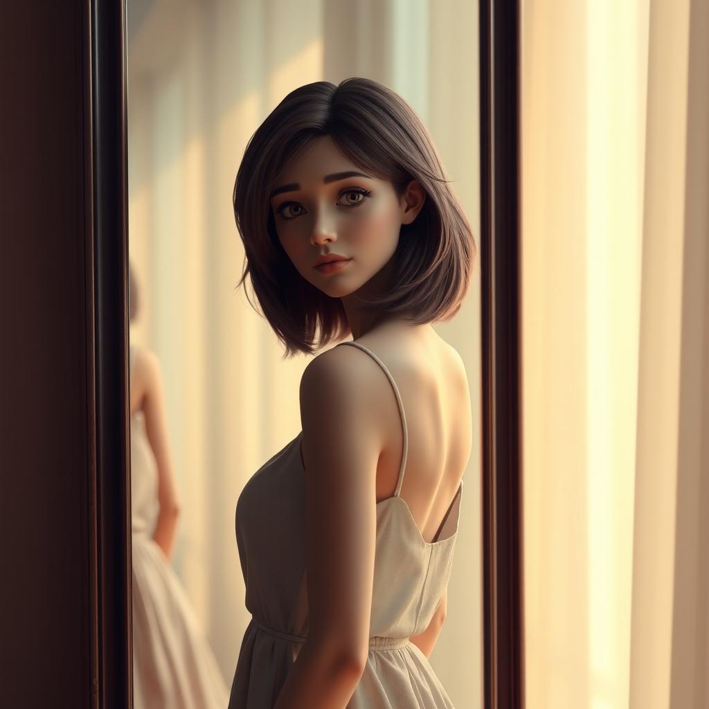 A 3D rendering of a woman standing in front of a mirror, looking at her reflection with a deep sense of sadness