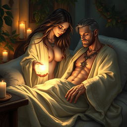 A fantasy scene depicting a human female healer aged 40, with flowing hair and compassionate features, intently tending to a sick 45-year-old man lying in bed