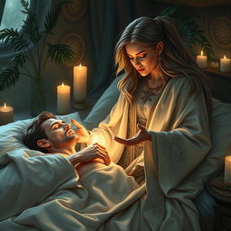 A fantasy scene depicting a human female healer aged 40, with flowing hair and compassionate features, intently tending to a sick 45-year-old man lying in bed