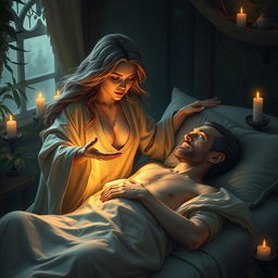 A fantasy scene depicting a human female healer aged 40, with flowing hair and compassionate features, intently tending to a sick 45-year-old man lying in bed