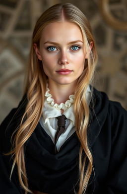 A beautiful white woman with long blonde hair and striking green eyes, dressed in traditional, modest, old-fashioned clothing that covers her neck and chest, emphasizing her dignity