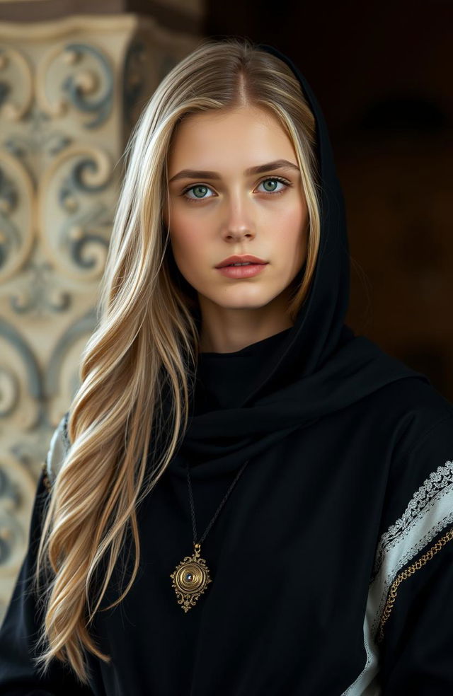 A beautiful white woman with long blonde hair and striking green eyes, dressed in traditional, modest, old-fashioned clothing that covers her neck and chest, emphasizing her dignity