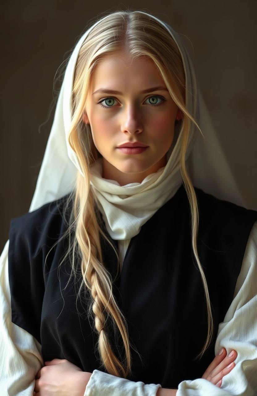 A beautiful white woman with long blonde hair and striking green eyes, dressed in traditional, modest, old-fashioned clothing that covers her neck and chest, emphasizing her dignity