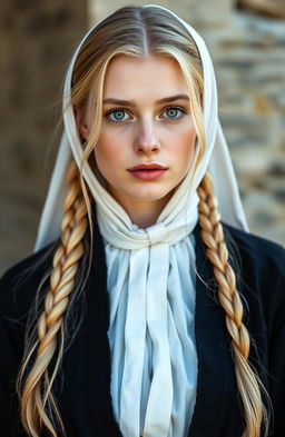 A beautiful white woman with long blonde hair and striking green eyes, dressed in traditional, modest, old-fashioned clothing that covers her neck and chest, emphasizing her dignity