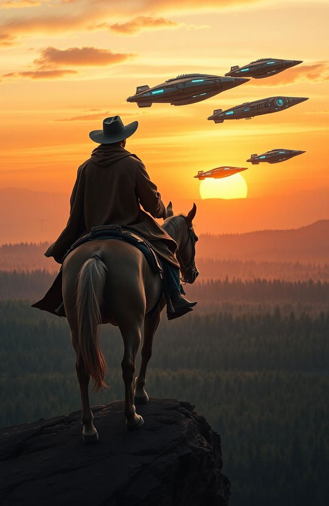 A lone cowboy on horseback, clad in a rugged brown duster and a wide-brimmed hat, stands atop a high cliff