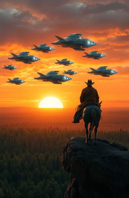 A lone cowboy on horseback, clad in a rugged brown duster and a wide-brimmed hat, stands atop a high cliff