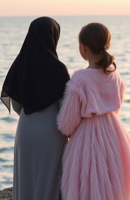 Two girls standing together with their backs to the viewer, facing a serene sea