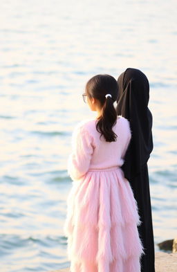 Two girls standing together with their backs to the viewer, facing a serene sea