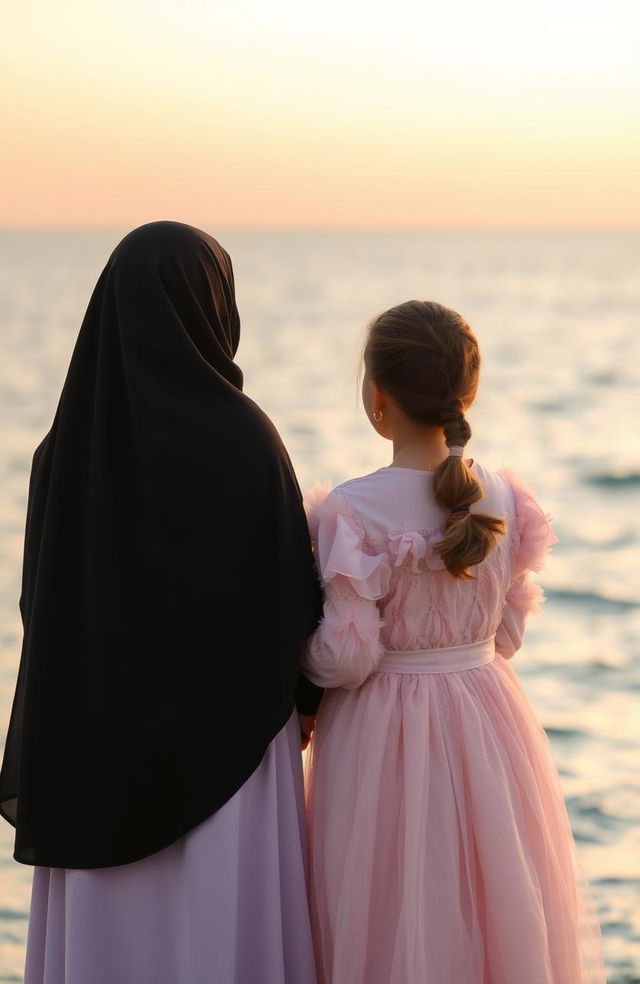 Two girls standing together with their backs to the viewer, facing a serene sea