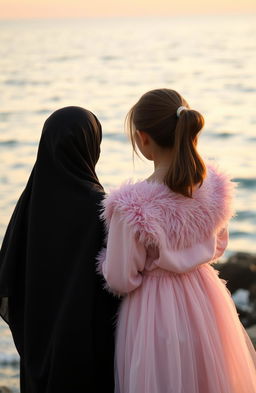 Two girls standing together with their backs to the viewer, facing a serene sea