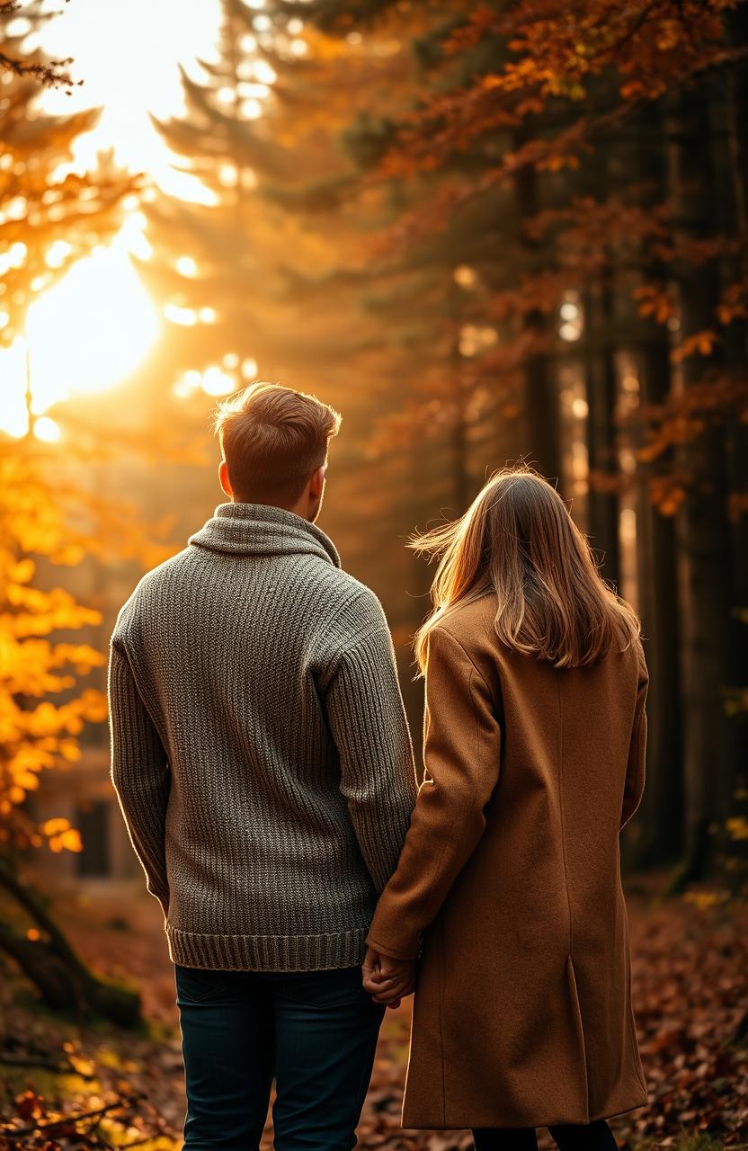 A scenic Scottish forest in autumn, featuring a young couple holding hands gently by the tips of their fingers, positioned in the center of the image, captured from behind