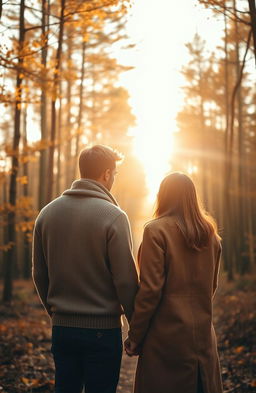 A scenic Scottish forest in autumn, featuring a young couple holding hands gently by the tips of their fingers, positioned in the center of the image, captured from behind