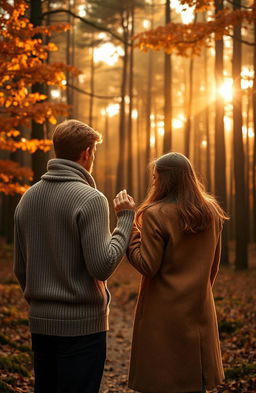 A scenic Scottish forest in autumn, featuring a young couple holding hands gently by the tips of their fingers, positioned in the center of the image, captured from behind