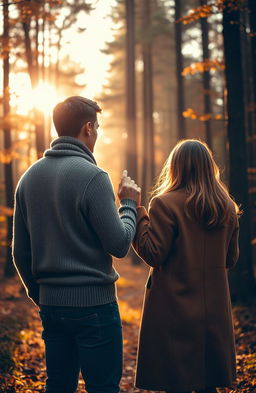 A scenic Scottish forest in autumn, featuring a young couple holding hands gently by the tips of their fingers, positioned in the center of the image, captured from behind