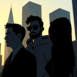 Three indistinguishable characters in a cityscape at dawn, illuminated by a soft sky in shades of yellow and blue