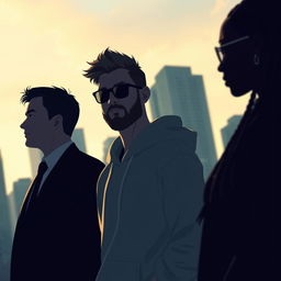 Three indistinguishable characters in a cityscape at dawn, illuminated by a soft sky in shades of yellow and blue