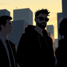 Three indistinguishable characters in a cityscape at dawn, illuminated by a soft sky in shades of yellow and blue