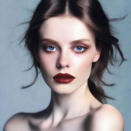 Create a photo-realistic image of a model with brown hair and pale skin