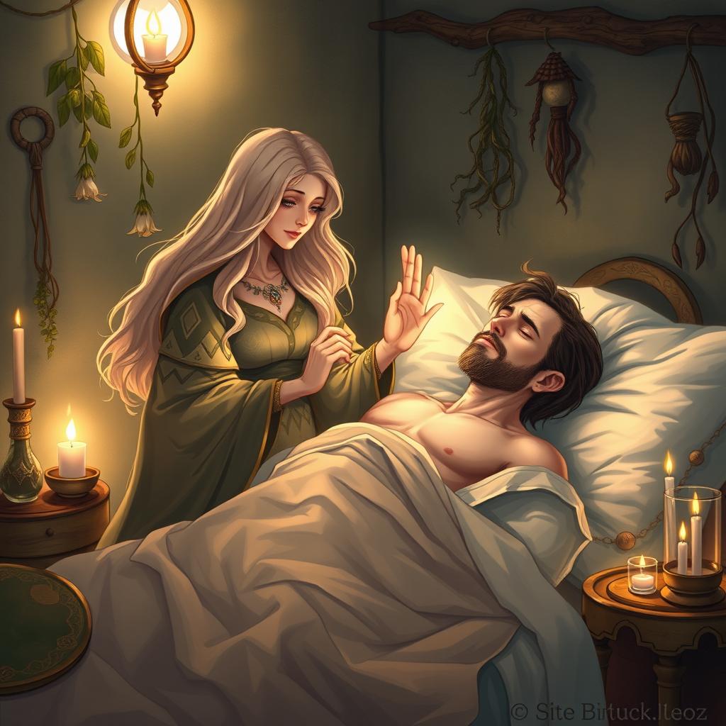 A fantasy illustration depicting a human female healer aged 40, with long, flowing hair and a serene expression, as she delicately tends to a sick 45-year-old man lying in bed