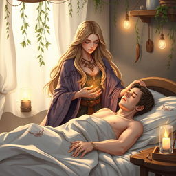 A fantasy illustration depicting a human female healer aged 40, with long, flowing hair and a serene expression, as she delicately tends to a sick 45-year-old man lying in bed
