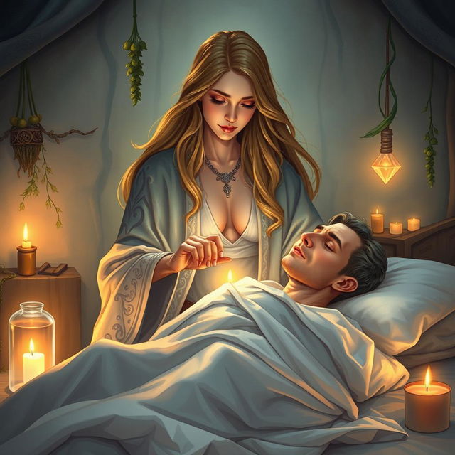 A fantasy illustration depicting a human female healer aged 40, with long, flowing hair and a serene expression, as she delicately tends to a sick 45-year-old man lying in bed