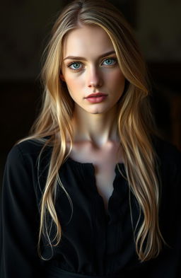 A beautiful, elegant white woman with long, blonde hair and striking green eyes, wearing a modest, old-fashioned black dress that covers her neck and chest