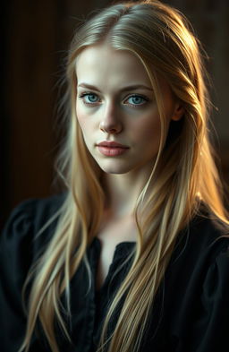 A beautiful, elegant white woman with long, blonde hair and striking green eyes, wearing a modest, old-fashioned black dress that covers her neck and chest