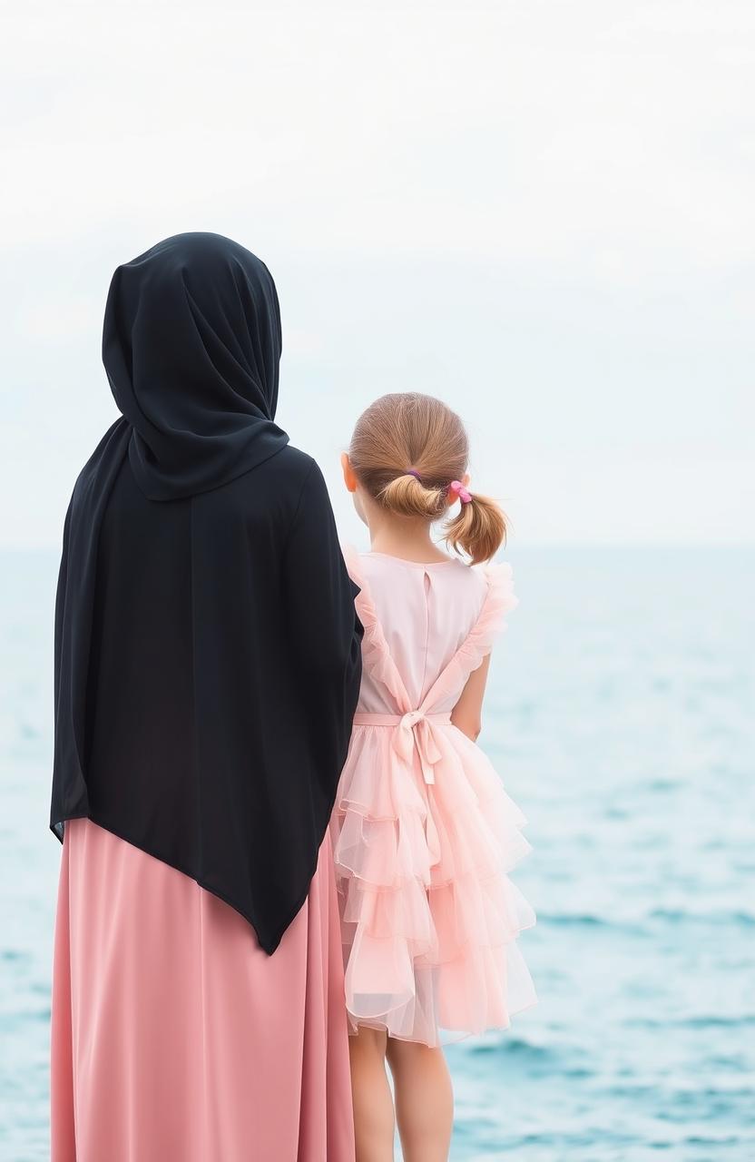 Two girls standing together facing a serene sea, their backs towards the viewer