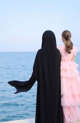 Two girls standing together facing a serene sea, their backs towards the viewer